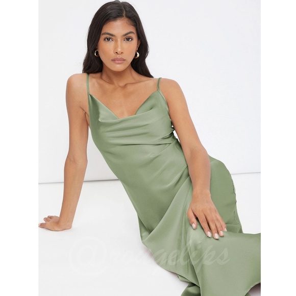 Green Satin Cami Dress Midi Adjustable Spaghetti Straps - Picture 5 of 8